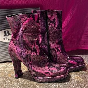 Vintage Pink Snake Print Ankle Boots